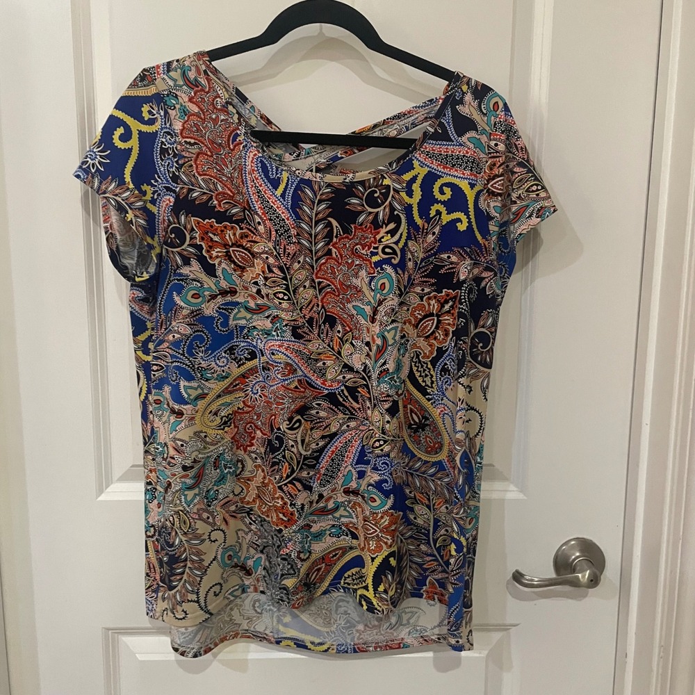 Strazzi Womens Large Paisley Print Keyhole Back Short Sleeve Blouse Blue Orange